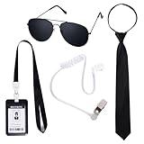 Pistha 4 Pieces Agent Costume Set Secret Service Costume Accessories Fake Earpiece Black Sunglasses Adjustable Zipper Ties and ID Card for Men Boys Halloween Playing Cosplay Party