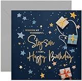 Old English Co. Stepson Birthday Card for Him - Navy Blue Male Birthday Card for Family - Stars Wrapped Gifts Presents Card Design - Modern Birthday Card | Blank Inside