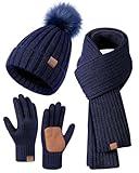 Women's Winter Beanie Hat with Fleece Lined Scarf, Neck Warmer, Touchscreen Gloves - Navy