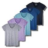 Real Essentials Womens V Neck T-Shirt Ladies Yoga Top Athletic Tees Active Wear Gym Workout Zumba Exercise Running Essentials Quick Dry Fit Dri Fit Moisture Wicking Basic Clothes, Set 1, M, Pack of 5