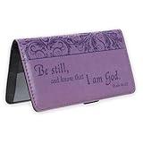 Christian Art Gifts Purple Faux Leather Checkbook Cover for Women with Inspirational Scripture - Be Still - Bi-fold Checkbook Cover for Duplicate Checks ID Credit Cards & Pen Loop Holder - Psalm 46:10