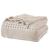 PHF 100% Cotton Waffle Weave Blanket Queen Size, Soft Lightweight Breathable Cozy Summer Blankets for Bed, Luxury Aesthetic Woven Bedding for Home Decor, 90"x90", Oatmeal