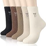 Geyoga 5 Pairs Women's Bow Fuzzy Socks Winter Soft Slipper Socks Coquette Stuff Fluffy Thick Spa Home Sleeping(Neutral)