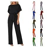 JiXiang Dressy Jumpsuits for Women Wedding Guest Elegant Loose Short Sleeve Belted Wide Leg Romper Crewneck Formal Overalls