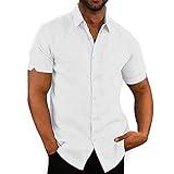 JEKAOYI Button Down Short Sleeve Linen Shirts for Men Summer Casual Cotton Spread Collar Beach Shirts (White, Medium)