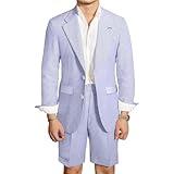 Men 2 Pieces Summer Seersucker Suits Beach Wedding Mens Suit Grooms Slim Fit Striped Blazer Shorts Sets Grooms Lightweight Suit Blue 2XL