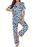 Ekouaer Womens Silk Satin Pajamas Set Button Down 2 Piece Pjs Short Sleeve Long Pants Sleepwear Lounge Set, Blue Leaf, S