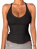 Danysu V Neck Racerback Tank Top for Women with Built in Bra Ribbed Long Tank Fitted Basic Cami Tops Black M