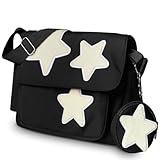 Y2K Messenger Bag with Cute Coin Purse, Lightweight Spacious Crossbody Bag with Star Patches Shoulder Tote Everyday Book Bag with Multi Pockets for her for birthday, Chic and Functional(Black)