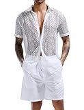 LecGee Men's Lace Summer Outfits See Through Short Sleeve Mesh Shirt Shorts Two Piece Tracksuit Fishnet Set(White,Large)
