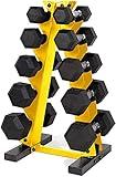 CAP Barbell A-Frame Dumbbell Weight Rack, Yellow with CAP 50lb Coated Hex Dumbbells, 5x2 20x2, & 10x2 15x2 & 25x2, Part of 150lb Set