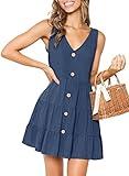MITILLY Women's Summer Sleeveless V Neck Button Down Casual Pocket Swing Short Dress Large Dark Blue