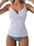 B2prity Women's Ruched Tankini Swimsuits V Neck Wrap Tie Back Two Pieces Bathing Suit Tummy Control Swimwear(Blue Striped)