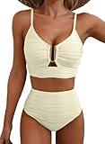 Herseas Women's Ribbed Bikini Set Spaghetti Strap U Wire V Neck 2 Piece Swimsuits High Waist 2025 Beach Outfits Bathing Suit Beige Large