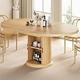 Dining Table for 4-6,63“Extendable Round Kitchen Dining Room Table with 2-Tier Storage Shelf, Space Saving Expandable Wood Oval Circle Dinner Furniture with Pedestal Base (Natural)