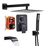 Ameletai Shower Faucet Set, Black Shower System with Square Rainfall Shower Head, Handheld Wall Mounted Showerhead and Waterfall Tub Spout, 10 Inch, Metal Shower Faucet Trim Repair Kits