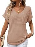 Dokotoo Summer Tops for Women Blouses 2025 Trendy Fashion Fall Ladies Womens Dressy Casual Tops Women's Clothing Waffle Knit Sweaters Clothes Short Sleeve Cruise Outfits Plus Size Basic T Shirts