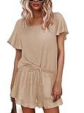 Ekouaer Women Short Pajamas Sets 2 Piece Short Sleeve Top and Shorts Pajama Sets Khaki Pjs Sets Cute Loungewear Set M