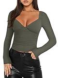 REORIA Women's Fall Sexy V Neck Double Lined Long Sleeve Shirts Cute Slim Fitted Side Ruched Trendy Y2K Going Out Crop Tops for Teen Girls Grey Green Medium