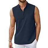 hawalili Sleeveless Beach Shirts for Men Summer Casual Tank Top Button Down Henley T-Shirts Navy Blue,L