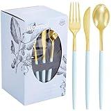 Supernal 102Pcs Blue Plastic Silverware, Gold Cutlery with Light Blue Handle, Gold Plastic Silverware Heavy Duty Include 34 Forks, 34 Spoons and 34 Knives Prefect for Party, Wedding & Mother's Day