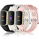 Maledan Compatible for Fitbit Charge 5/ Charge 6 Bands Women Men - Breathable Sport Band Waterproof Wristbands Replacement Strap for Fitbit Charge 5/ Charge 6, Black/Pink Sand/Lunar White