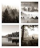 SRUOLOC Black and White Wall Art Prints: 8x10 Unframed Country Nature Landscape Picture Set of 4 Misty Forest Lake Photography Wildlife Deer Photo Wall Decor for Living Room Bedroom