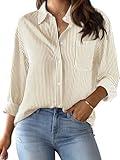 CUNLIN Khaki Cotton Button Up Shirts for Women Striped Shirt Long Sleeve Womens Down Blouses Oversized Collared Blouse Khaki Size XL