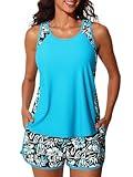 Summer Mae Blouson Tankini Swimsuits for Women 2025 Tummy Control Two Piece Bathing Suits with Sporty Pockets Swim Shorts Black Floral Sketch Size 12
