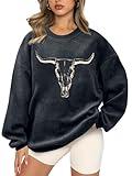 UNIQUEONE Boho Cow Skull Sweatshirt Women Cowgirl Shirt Rodeo Western Country Concert Outfits Nashville Graphic Pullover Tops Grey