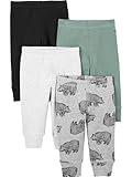 Simple Joys by Carter's Baby Cotton Pants, Pack of 4, Black/Grey Bear/Spruce Green/White, 6-9 Months