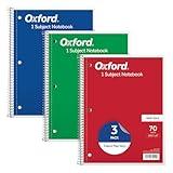 Oxford 1-Subject Notebooks, School Journal, 8 x 10-1/2 Inch, Wide Rule Paper, 70 Sheets, 3-Hole Punch, 3 Pack, Red, Blue, Green, Color Assortment May Vary (65029)
