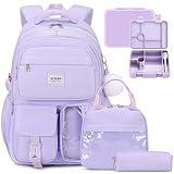ACESAK Girls Backpack - Bento Box with Insulated Lunch Bag Pencil Case & Utensils Set for Kids, 6 Leakproof Compartments Removable Tray Lunches or Snack Container for School (Purple)