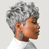 DOcute Gray Wig for Black People Pixie Cut Wig with Bangs Short Pixie, Curly Wig for Black Women, Fluffy Pixie Curly Wig for Women Natural Wavy Short Gray Pixie Cut (Grey)