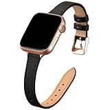 STIROLL Slim Leather Bands Compatible with Apple Watch Band 38mm 40mm 41mm 42mm(Series 10), Top Grain Leather Watch Thin Wristband for iWatch Ultra SE Series 9/8/7/6/5/4/3/2/1(Black with Rose Gold)