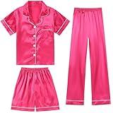 DIPUG Girls Pajamas Set Soft Silk Satin 3 Piece PJs Sleepwear for Comfortable Nights(Hot Pink)
