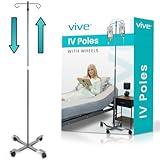 Vive IV Pole with Wheels (4 Pack) - IV Fluids Bag Stand with 2 Hooks and Adjustable Height - Portable IV Pole for Home Care, Hospitals, Clinics and Travel - Safe and Easy to Move Medical IV Drip Stand