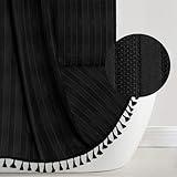 Black Fabric Shower Curtain Boho Black Tassel Striped Textured Shower Curtains for Bathroom Modern Chic Minimalist Cloth Shower Curtain Set with Hook, 72x72
