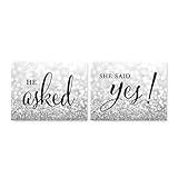 Andaz Press Wedding Party Signs, Glitzy Silver Glitter, 8.5x11-inch, He Asked, She Said Yes! Engagement Save the Date Photoshoot Signs, 2-Pack