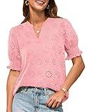 GRACE KARIN Women's V Neck Dressy Casual Blouse Tops Summer Puff Short Sleeve Hollow Out Embroidered Shirts Pink M