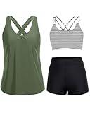Holipick Black Striped 3 Piece Tankini Swimsuits for Women Tummy Control Bathing Suits Swim Tank Top with Bra Boy Shorts Teen Swimwear L