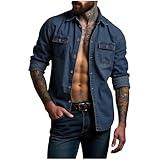 Sales Clearance Today Deals Prime 2025 Day Denim Shirt Men Long Sleeve Button Down Jean Workwear Wrinkle Free Shirts Turndown Collared with Flap Pocket Regular Fit 01#,Blue,X-Large