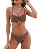 ZAFUL Women High Cut Bikini Sets Thong String Sexy Swimsuit Two Piece Push Up Underwire Bathing Suit Teen Girl Brazilian Cheeky Cut Out Lace Up Retro Cute Swimwear Coffee S