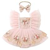 IBTOM CASTLE Flower Girl Dresses for Babies: Newborn Floral Embroidered Romper Dress with Bowknot Headband 2PCS Flutter Sleeve Bodysuit Birthday Mesh Tutu Dresses Summer Sundress Pink 0-3 Months
