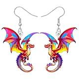 BONSNY Acrylic Fantasy Dragon Dangle Earrings, Colorful Rainbow Wings, Mythical Creature Design, Jewelry foe Women Gifts, Funny Novelty Hypoallergenic Jewelry For Women Cosplay Fantasy Events Charms (Red)