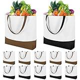 12 Pack Back to School Super Strong Large Cotton Canvas Tote Bag, Off the College Reusable Grocery Shopping Cloth Bags, Fashionable Two-Tone Bags for Crafts, DIY Your Creative Designs (Black+Brown)