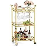 VASAGLE Bar Cart, Home Bar Serving Cart, Small Bar Cart with 3-Tier Shelf, Wine Holders, Glass Holders, Mini Bar Cart for Small Spaces, Kitchen, Dining Room, Living Room, Pale Gold