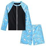 Boys Long Sleeve Rash Guard Swimsuits Swim Sets Size 7-8 Boy Swim Shirt Kids 2-Pieces Zipper Bathing Suit UPF50+ Swim Shorts Blue Shark