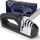HOTEC 4in1 Knife Sharpener, 3 Stage Manual Sharpener for Sharpening Kitchen Knives 1 Stage for Scissors- Ceramic Stone, Tungsten Carbide Plates, Diamond rods