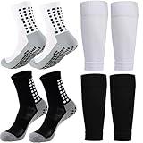 2 Set Kids Grip Soccer Socks and Shin Guard Sleeves for Age 7-14 Years Youth Boys Girls Children Football Basketball Training Matches